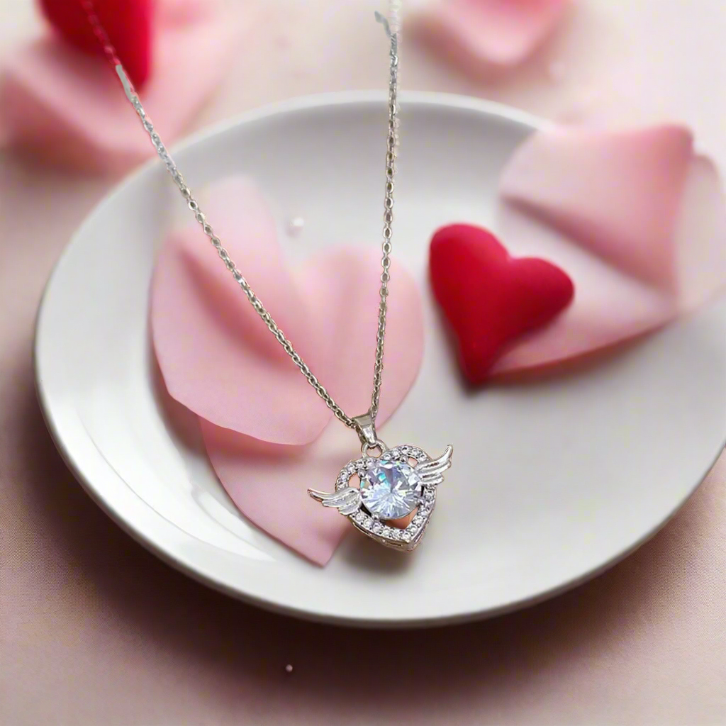 Jazz And Sizzle Silver-Plated Angel Wing Diamond Chain Necklace for Valentines Gift