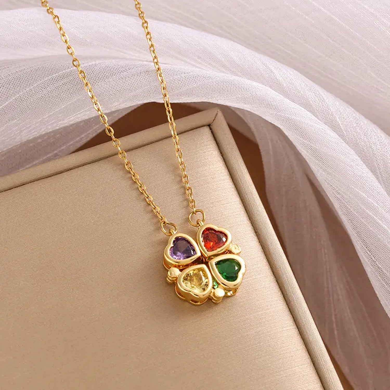 Jazz And Sizzle Gold Plated Hearts Clover Magnetic Pendant Chain Necklace for Valentines Gift