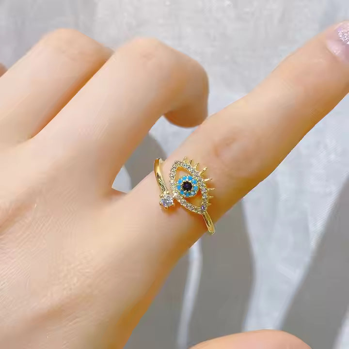 Jazz and Sizzle Gold Plated CZ Studded Evil Eye Adjustable Finger Ring