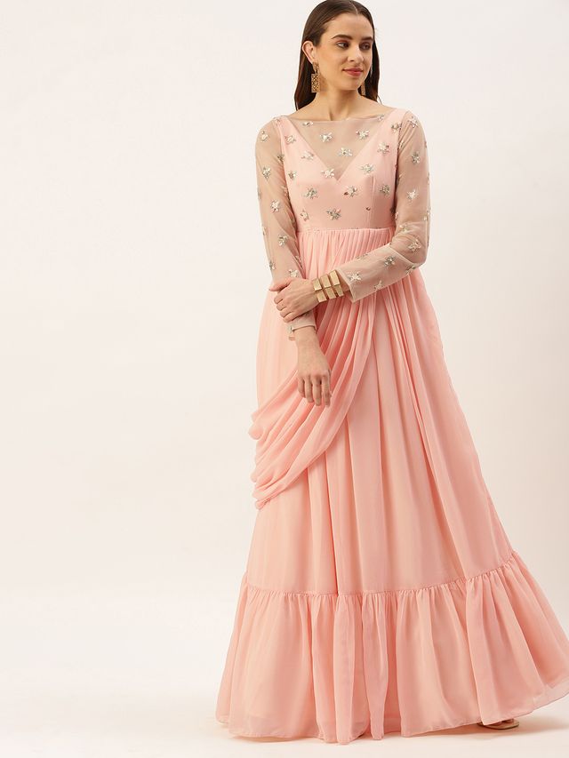 Bollywood Vogue Ready To Wear White Net Embroidered Peach Georgette Gown