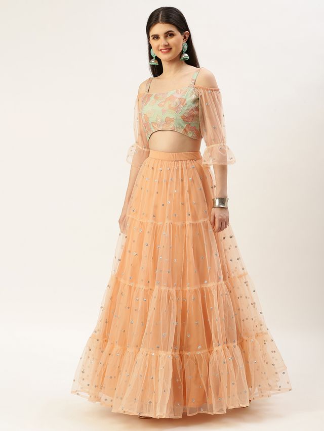 Bollywood Vogue Ready To Wear Multicoloured N Peach Net Embroidered Lehenga