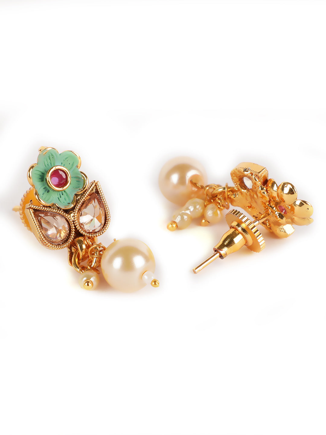 Gold Plated & White Stone Studded Green Enameled Handcrafted Jewellery Set