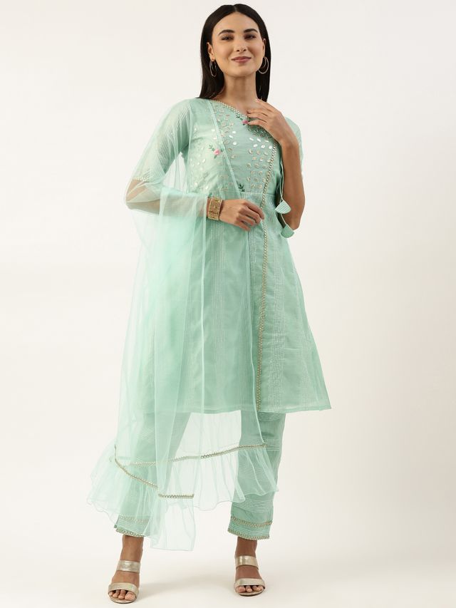 Bollywood Vogue Ready To Wear Pista Green Chanderi Straight Kurta Set