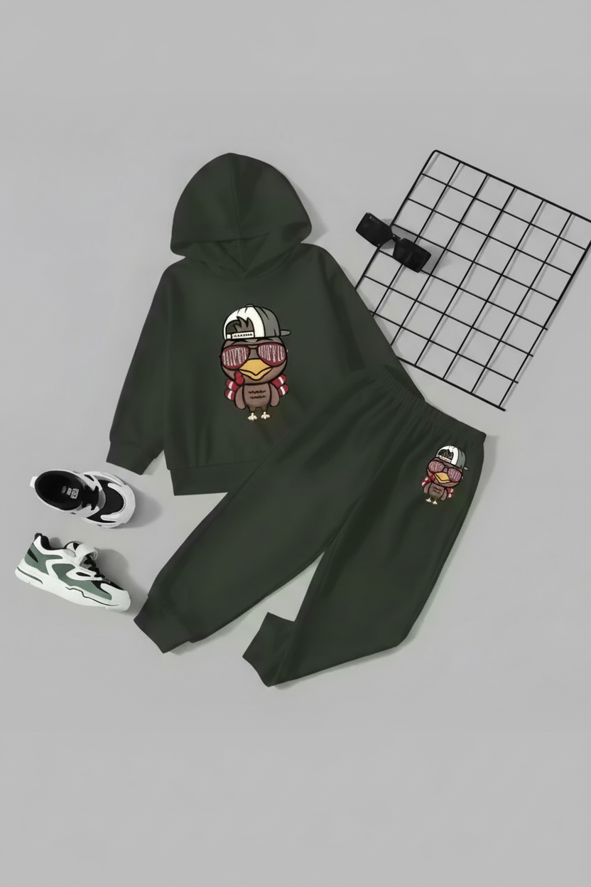 Kids Hooded Sweatshirt & Jogger Set – Cool Bird Cartoon Print Casual Wear (Green) Luck Fashion