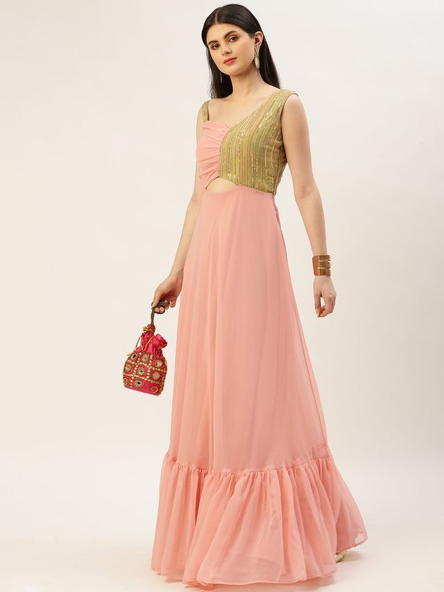 Bollywood Vogue Ready To Wear Green N Pink Sequence Embroidered Gown