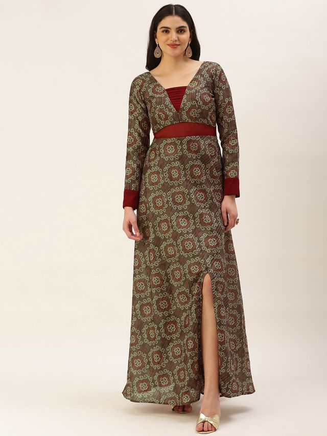Bollywood Vogue Ready To Wear Grey Digital Print Art Silk Gown