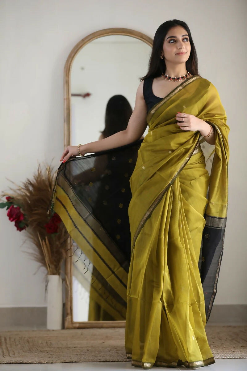 AXONIT Premium Golden Cotton Saree with Lightweight Fabric, Elegant Zari Border, and Traditional Finish