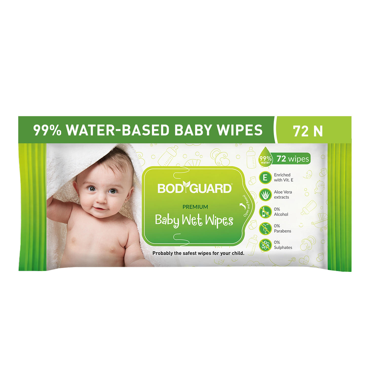 BodyGuard Premium Paraben Free Baby Wet Wipes with Aloe Vera - 72 Wipes (1 Pack, 72 each)