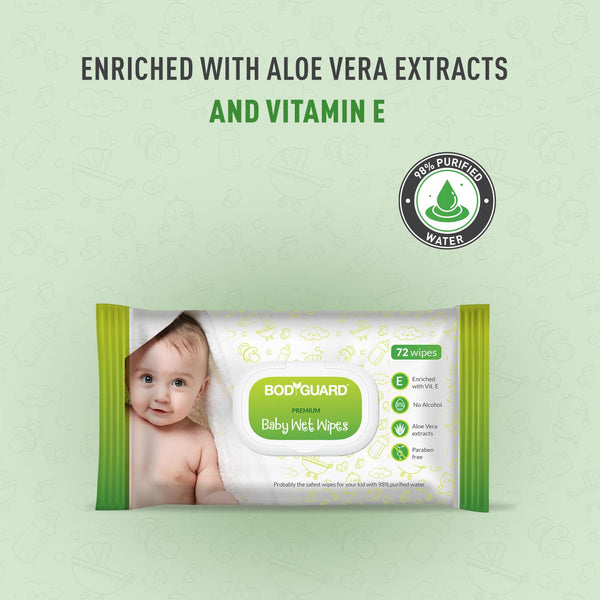 BodyGuard Premium Paraben Free Baby Wet Wipes with Aloe Vera - 72 Wipes (1 Pack, 72 each)