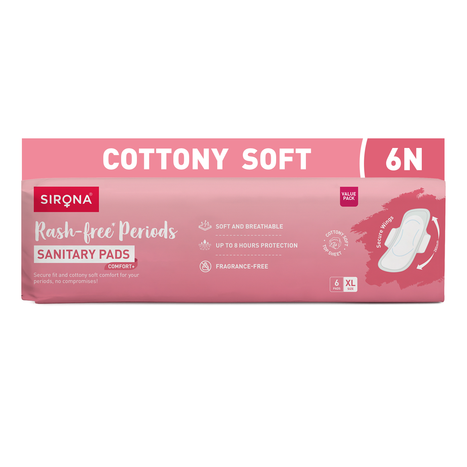 Sirona Comfort+ Sanitary Pads| XL Size | Rash-Free Cottony Soft Comfort | 8 Hours Protection | Pack of 12