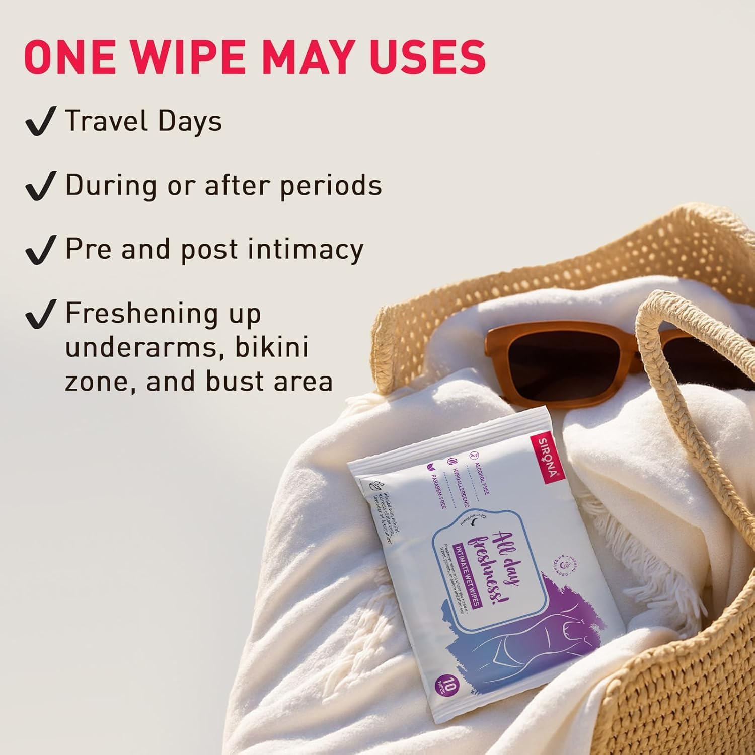 Sirona Intimate Wipes | pH-Balanced, Alcohol-Free | Neem & Sea Buckthorn Extract | On-the-Go Hygiene for Travel, Periods & Post-Intimacy (Pack of 10)