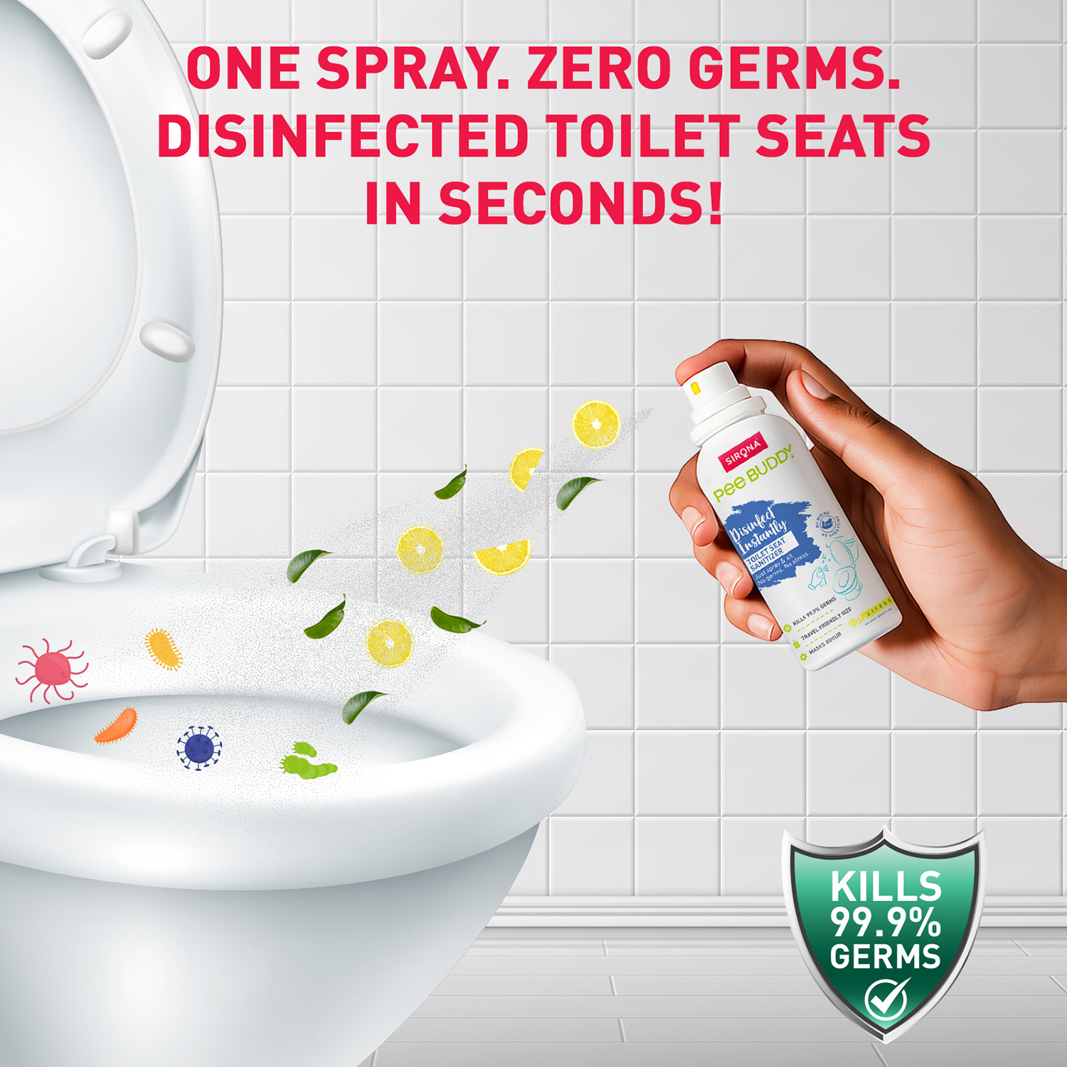 PeeBuddy Toilet Seat Sanitizer Spray | Citrus | Kills 99.9% Germs | Masks Odour | No Wiping | Travel Friendly Toilet Spray for Public Toilets (30 ml) | Pack of 2