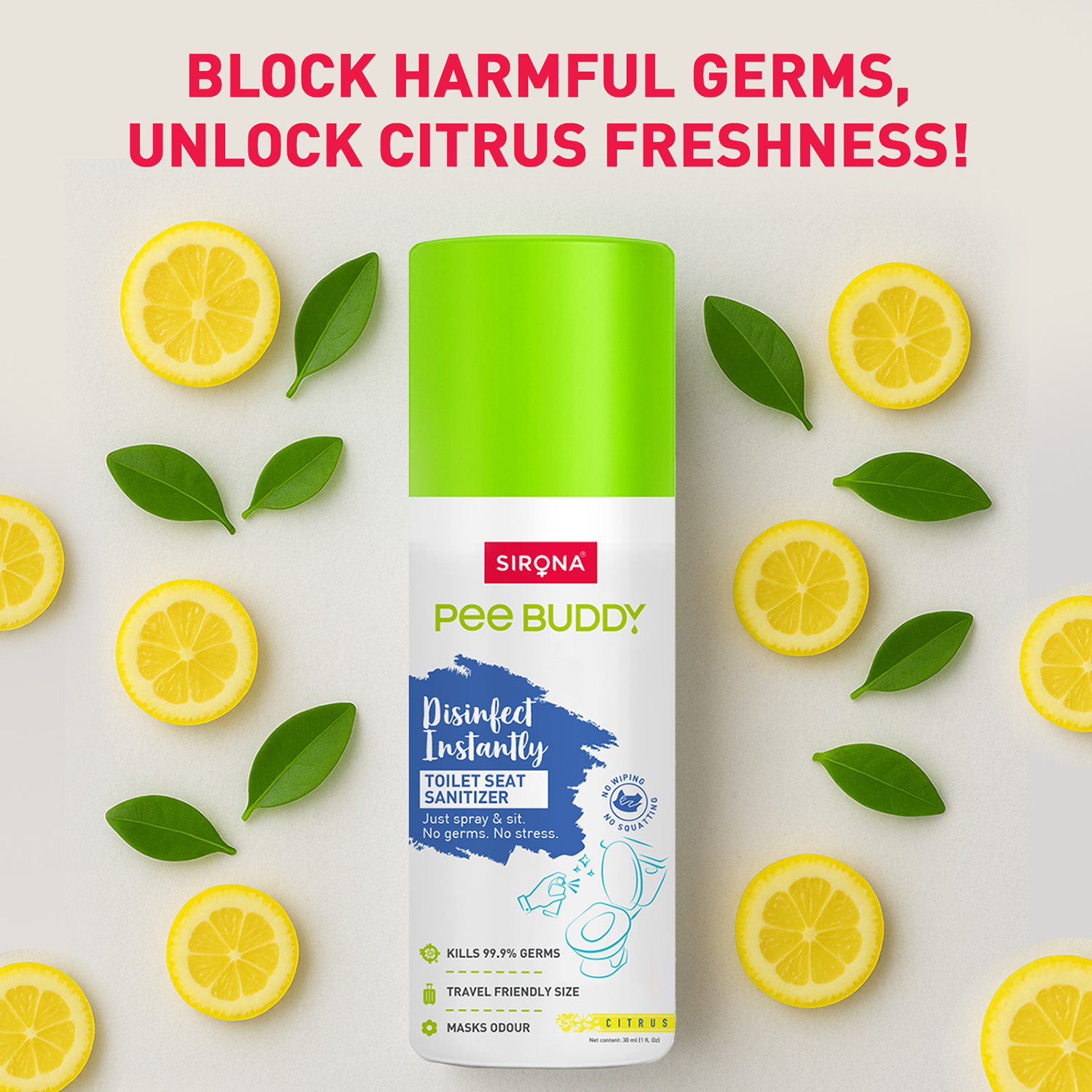 PeeBuddy Toilet Seat Sanitizer Spray | Citrus | Kills 99.9% Germs | Masks Odour | No Wiping | Travel Friendly Toilet Spray for Public Toilets (30 ml) | Pack of 2