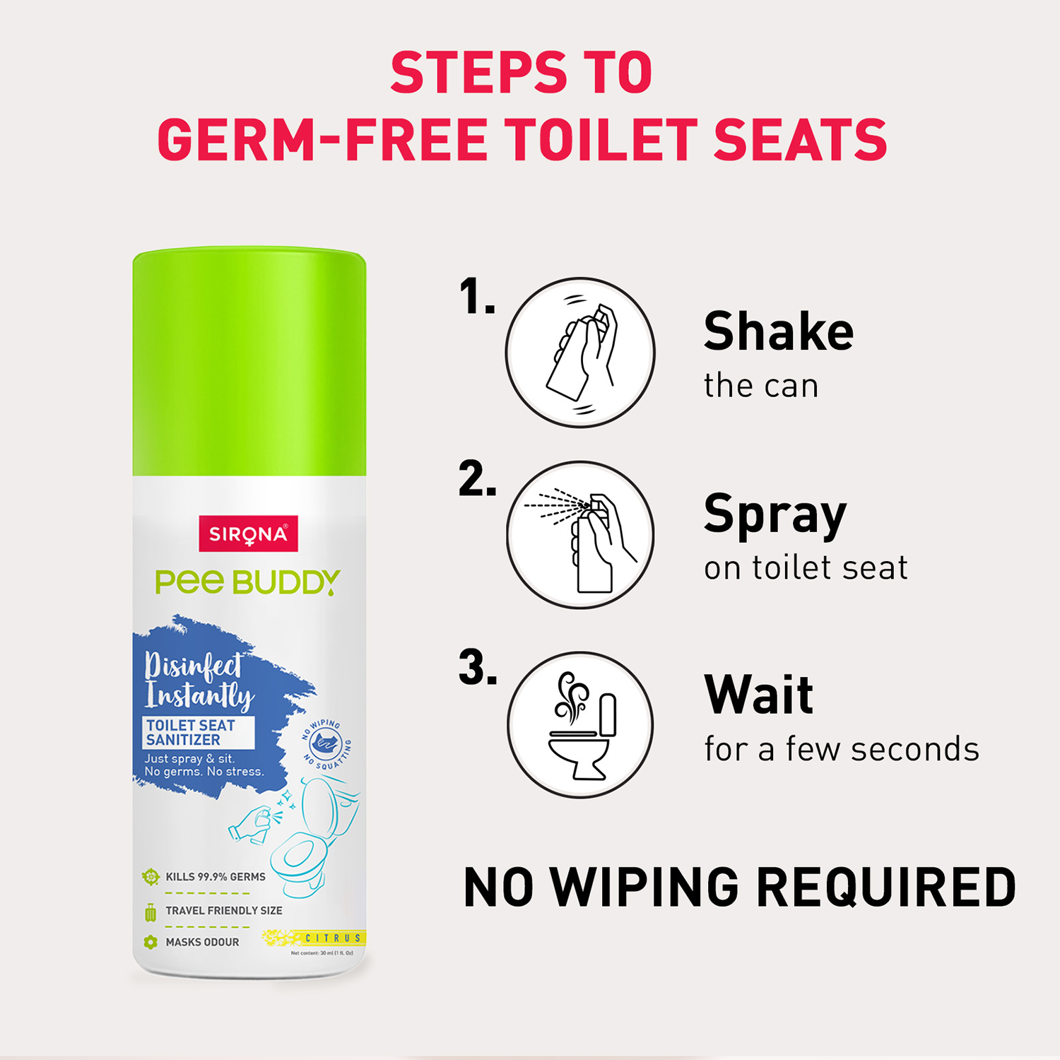 PeeBuddy Toilet Seat Sanitizer Spray | Citrus | Kills 99.9% Germs | Masks Odour | No Wiping | Travel Friendly Toilet Spray for Public Toilets (30 ml) | Pack of 2