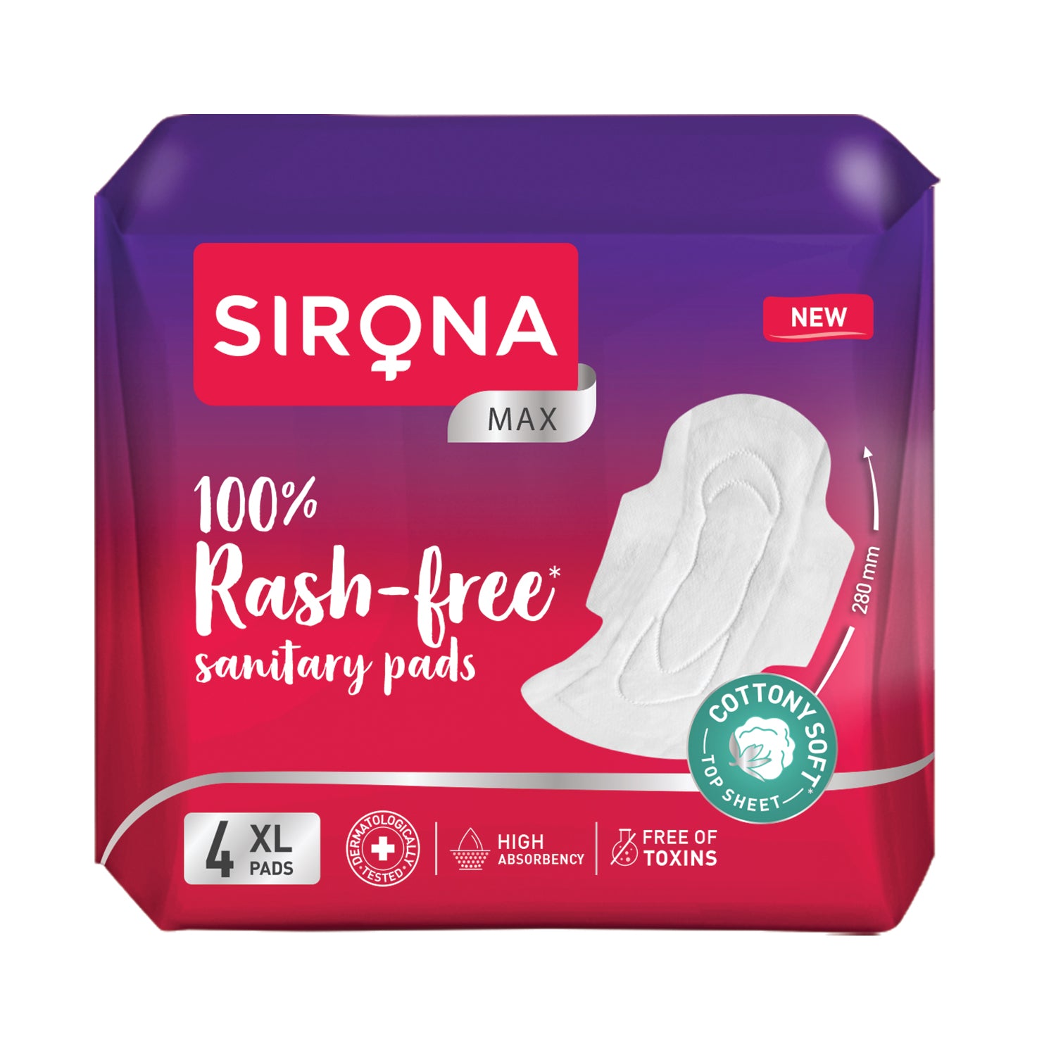 Sirona Cottony Soft Rash Free Sanitary Pads for Women - Pack of 4 (XL Size) | Ultra Soft & Breathable Top Layer | Highly Absorbent Core with Wide Coverage for Leakage Protection