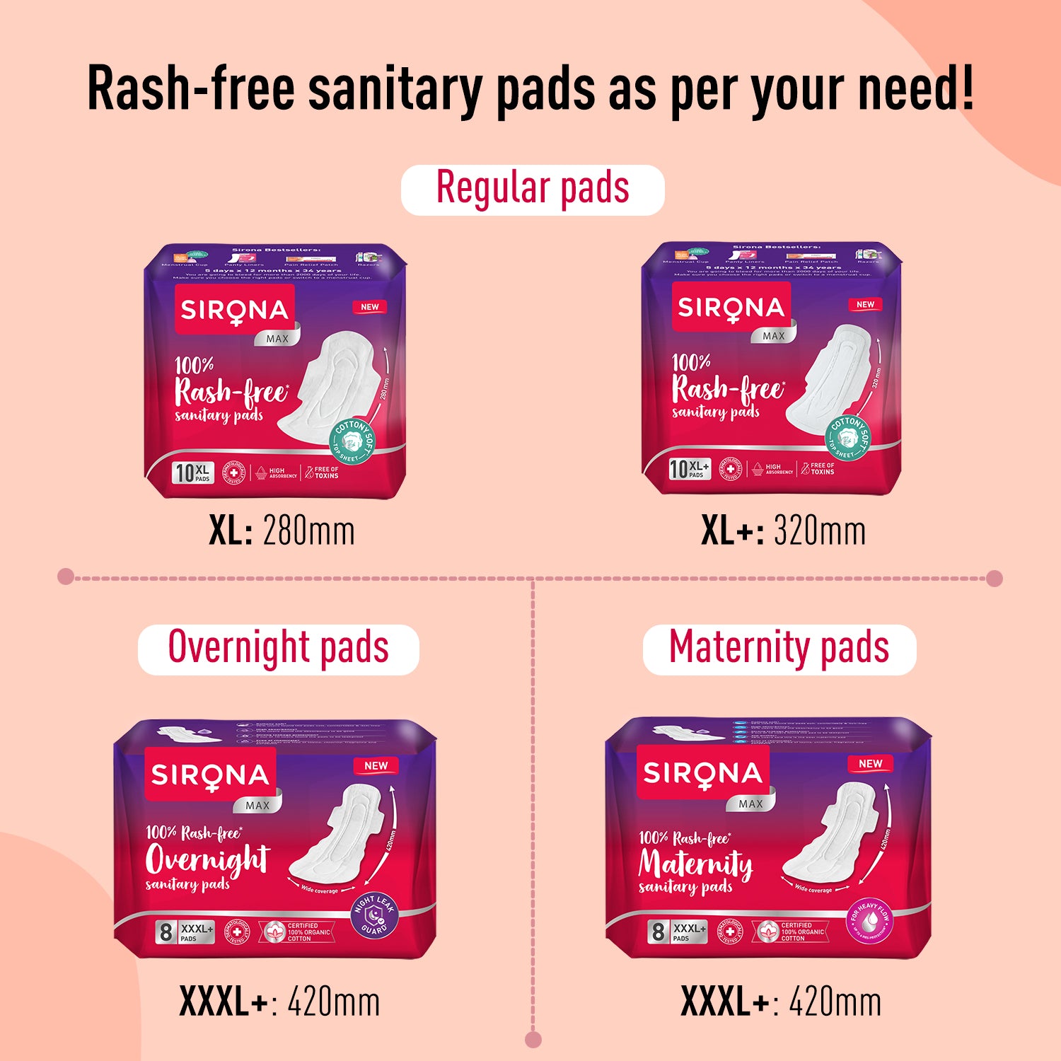 Sirona Cottony Soft Rash Free Sanitary Pads for Women - Pack of 10 (XL+ Size) | Ultra Soft & Breathable Top Layer | Highly Absorbent Core with Wide Coverage for Leakage Protection