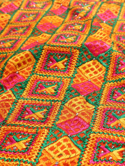 Orange Multicolour Embroidery Phulkari Duppatta - HalfPe