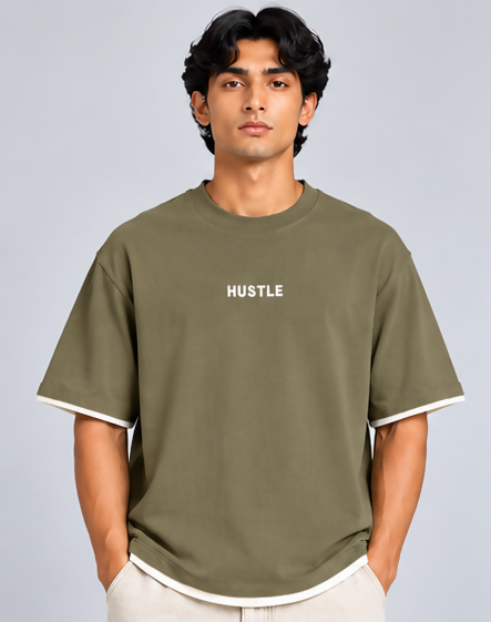 HUSTLE Essentials Men's Crew Neck Oversized T-Shirt – Olive Khaki(Oversized fit)
