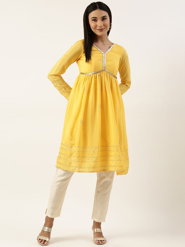 Bollywood Vogue Ready To Wear Yellow Chinnon Embroidered Kurta Set