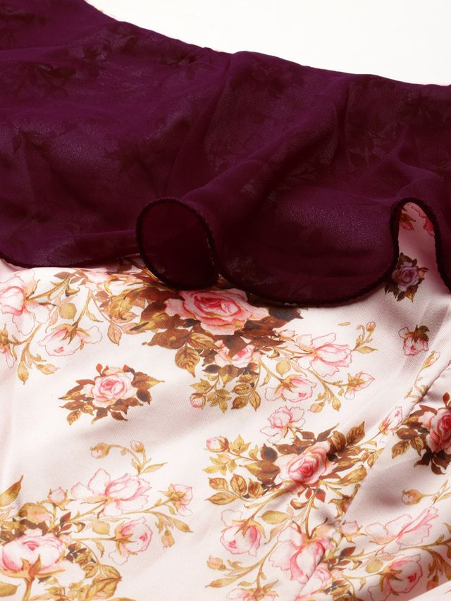 Bollywood Vogue Ready To Wear Pink Taffeta Digital Printed N Burgundy Dress