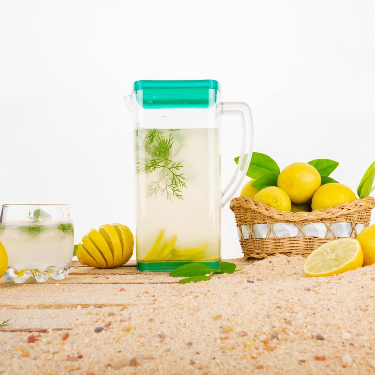 Premium Multi Purpose Square Water & Juice Jug (2000 ml) with Plastic Lid and 6 pieces Glasses (300 ml) (Transparent Color)