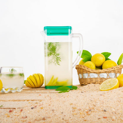 Premium Multi Purpose Square Water & Juice Jug (2000 ml) with Plastic Lid and 6 pieces Glasses (300 ml) (Transparent Color)