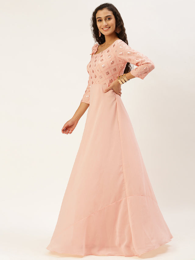 Bollywood Vogue Ready To Wear Peach Georgette Sequins One Shoulder Style Gown