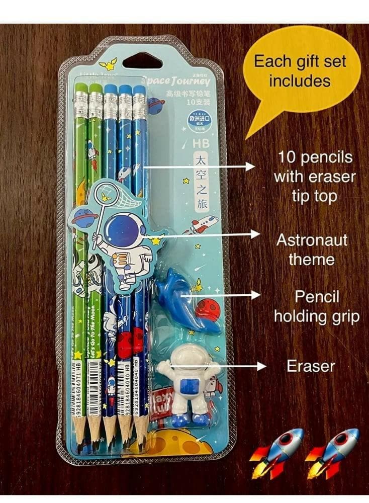 Space Theme Pencils Set With Eraser And Pencil Grip (Pack Of 3) - HalfPe