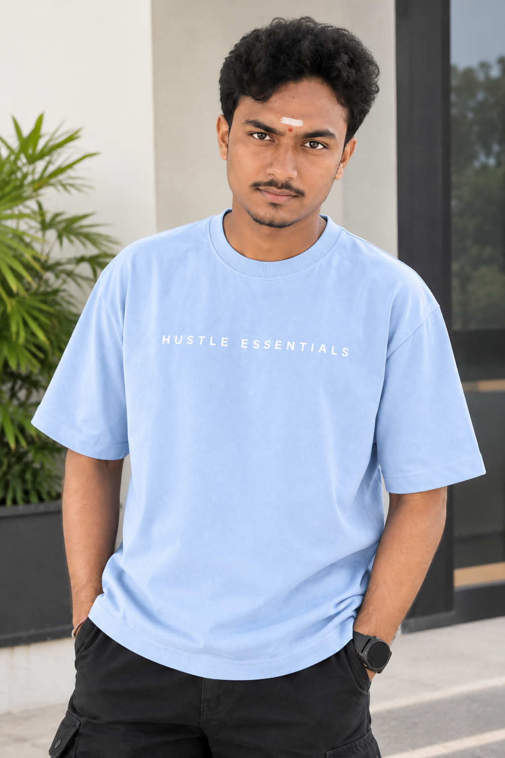 Men's Hustle Essentials Oversized Light Sky Blue T-Shirt | Relaxed Fit Casual Tee