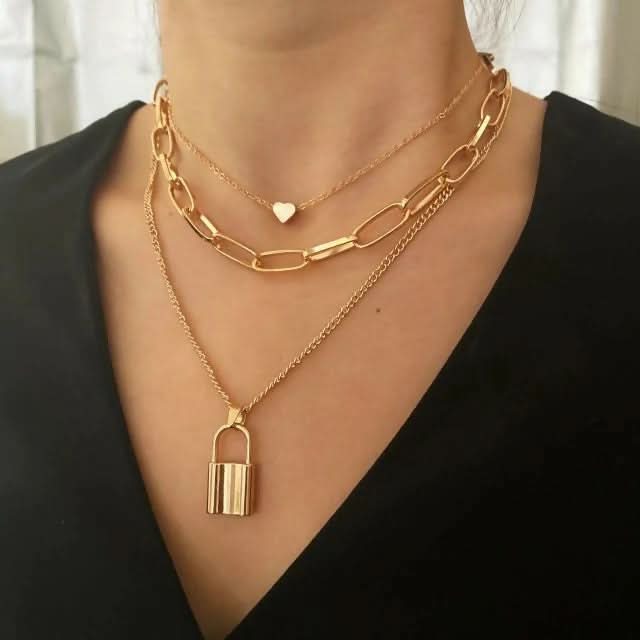 Triple Layered Heart And Lock Pendant Choker Necklace pinapes
