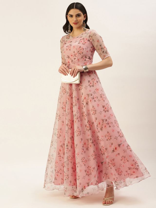 Bollywood Vogue Ready To Wear Pink Digital Print Organza Gown