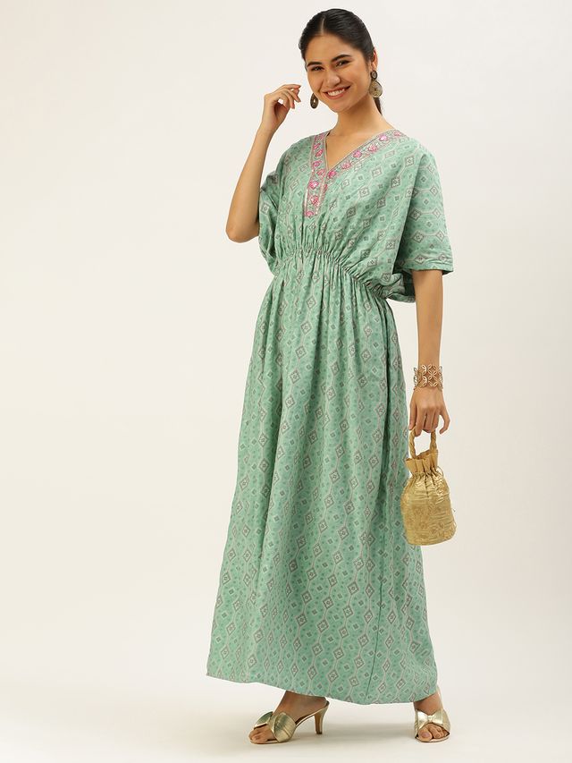 Bollywood Vogue Ready To Wear Blue Modal Satin Print Kaftan Gown