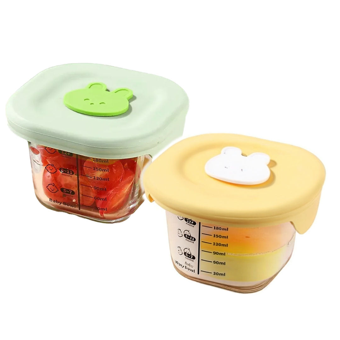 Rioware Smart Lock Glass Food Storage Containers Set of 2 (180ml Each) | Borosilicate Glass | Airtight & Leak-Proof Lid | Microwave, Freezer & Dishwasher Safe | Baby Food Storage Bowl with Measurement