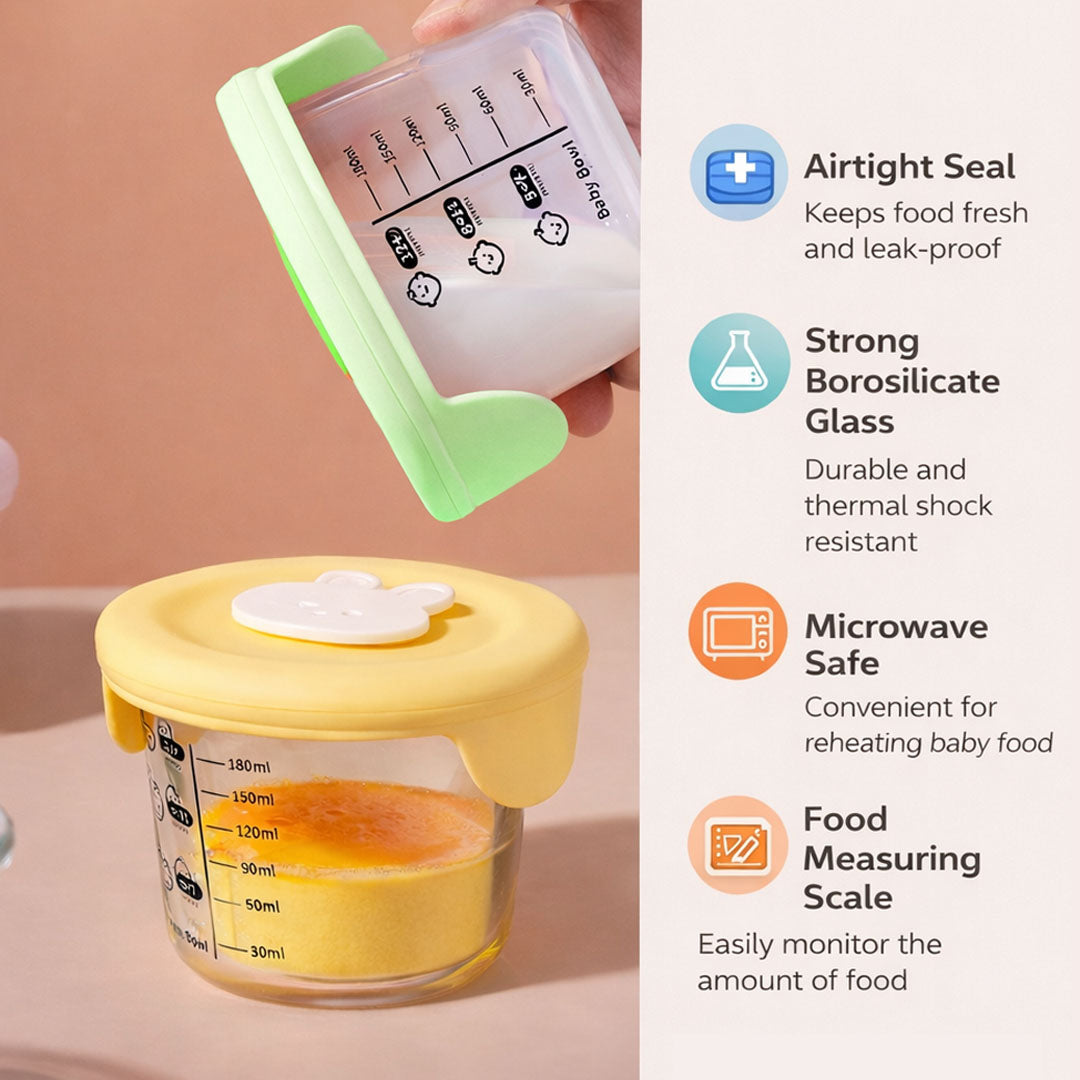 Rioware Smart Lock Glass Food Storage Containers Set of 2 (180ml Each) | Borosilicate Glass | Airtight & Leak-Proof Lid | Microwave, Freezer & Dishwasher Safe | Baby Food Storage Bowl with Measurement