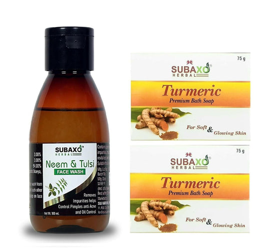 SUBAXO Turmeric Bath Soap (75g Each, Pack Of 2) And Neem & Tulsi Herbal Face Wash(100 ml) - HalfPe