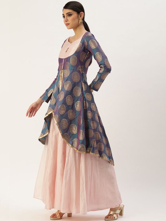 Bollywood Vogue Ready To Wear Peach N Blue Jacquard Layered Gown