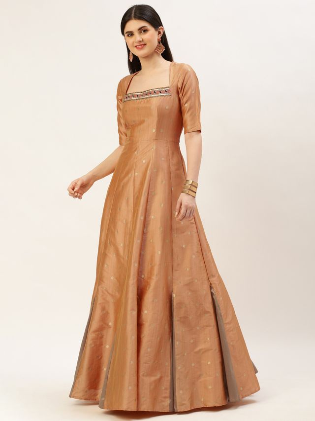 Bollywood Vogue Ready To Wear Peach Art Silk Jacquard Godet Gown