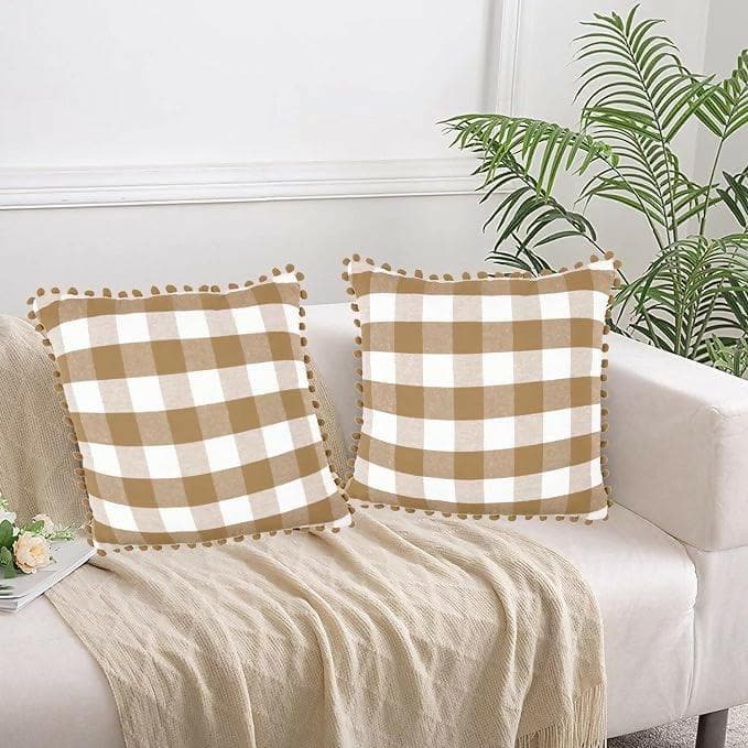 Lushomes Square Cushion Cover with Pom Pom, Cotton Sofa Pillow Cover Set of 2, 20x20 Inch, Big Checks, (50x50cm, Multi-color) - HalfPe