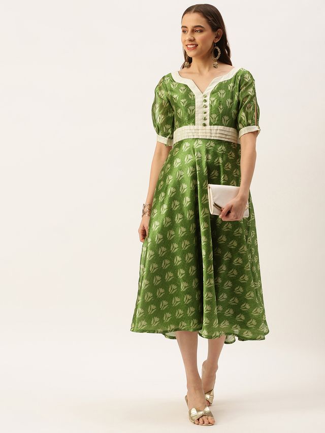 Bollywood Vogue Ready To Wear Green Art Silk Digital Printed Dress