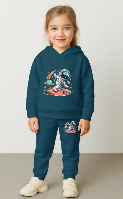 Girls' Blue Cotton Blend Hoodie & Jogger Set – Surfing Astronaut Space Adventure Tracksuit (Ages 0-7 Years) Luck Fashion