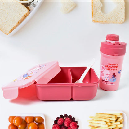 Plastic Lunch Box – Leak-Proof, 2 Compartments with Bottle & Fork (1 Set, Mix Color)
