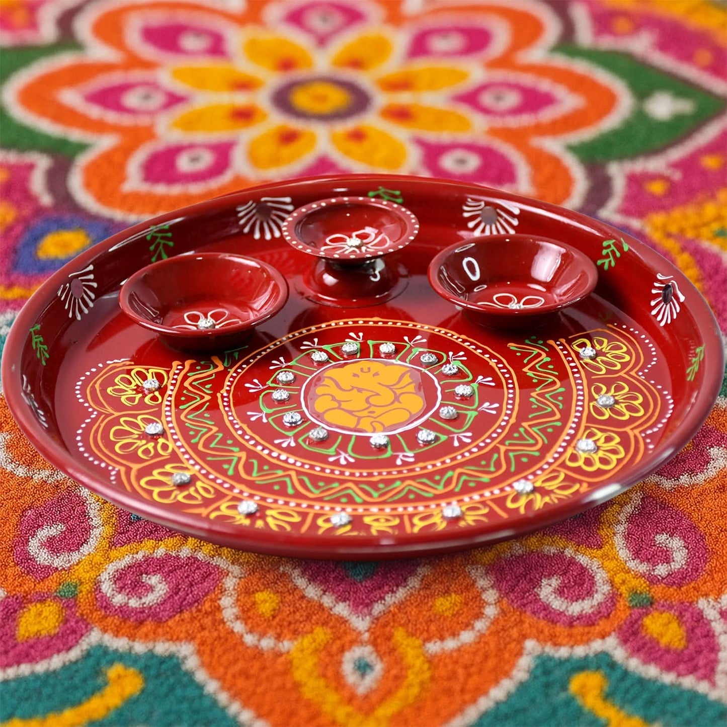 Hand-Painted Decorative Pooja Thali with Ganesha Motif and Diyas – Traditional Festive Design (1 Pc)