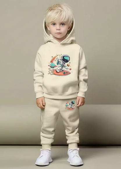 Kids Hooded Sweatshirt & Jogger Set – Astronaut Space Surf Print Casual Wear (Cream) Luck Fashion