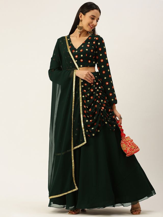 Bollywood Vogue Ready To Wear Green Embroidered Georgette Lehenga Set