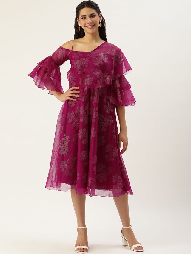Bollywood Vogue Ready To Wear Pink Organza Foil Printed Dress