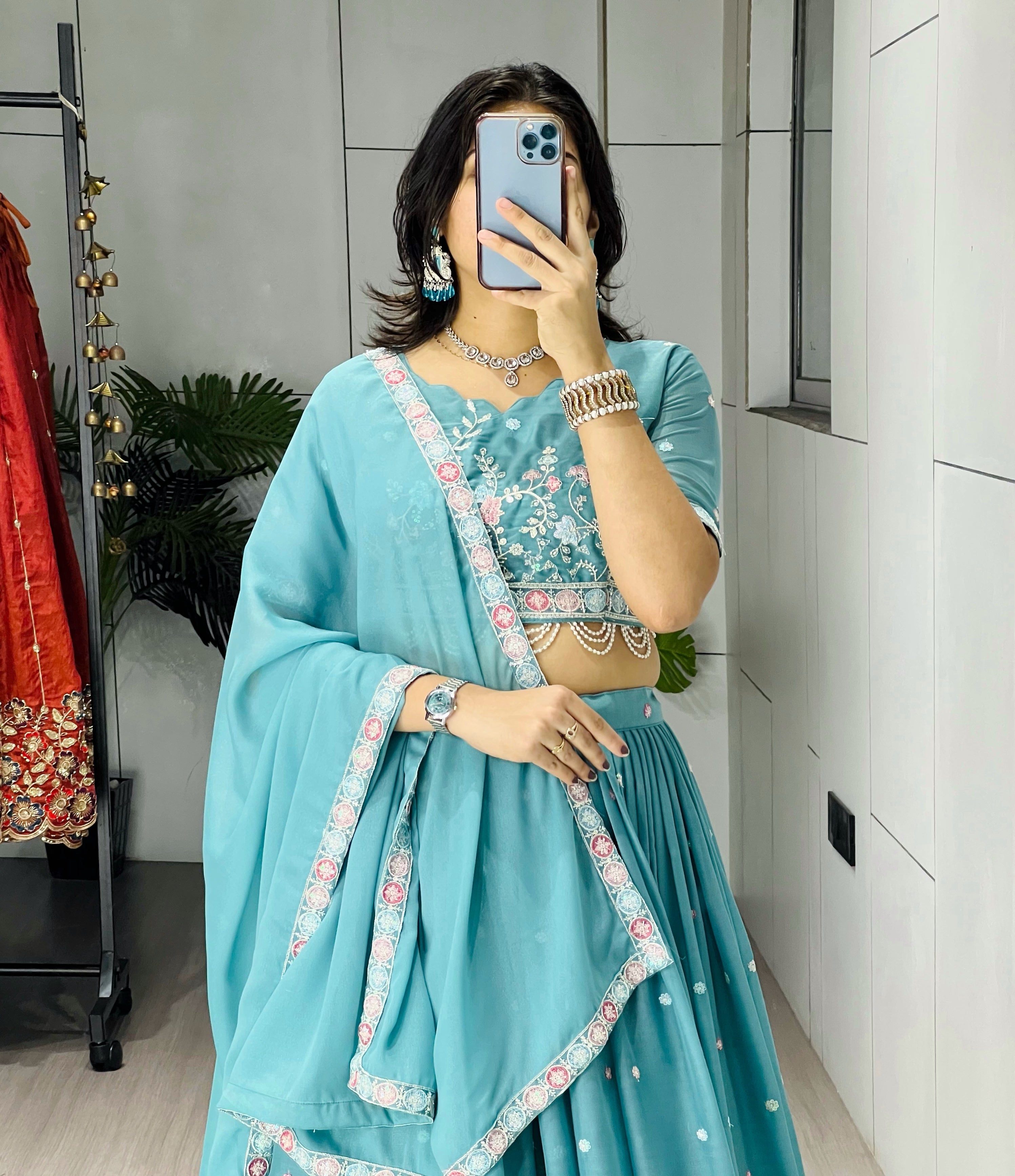 Sky Wedding Embroidery Bead With Traditional Work Lehenga Choli
