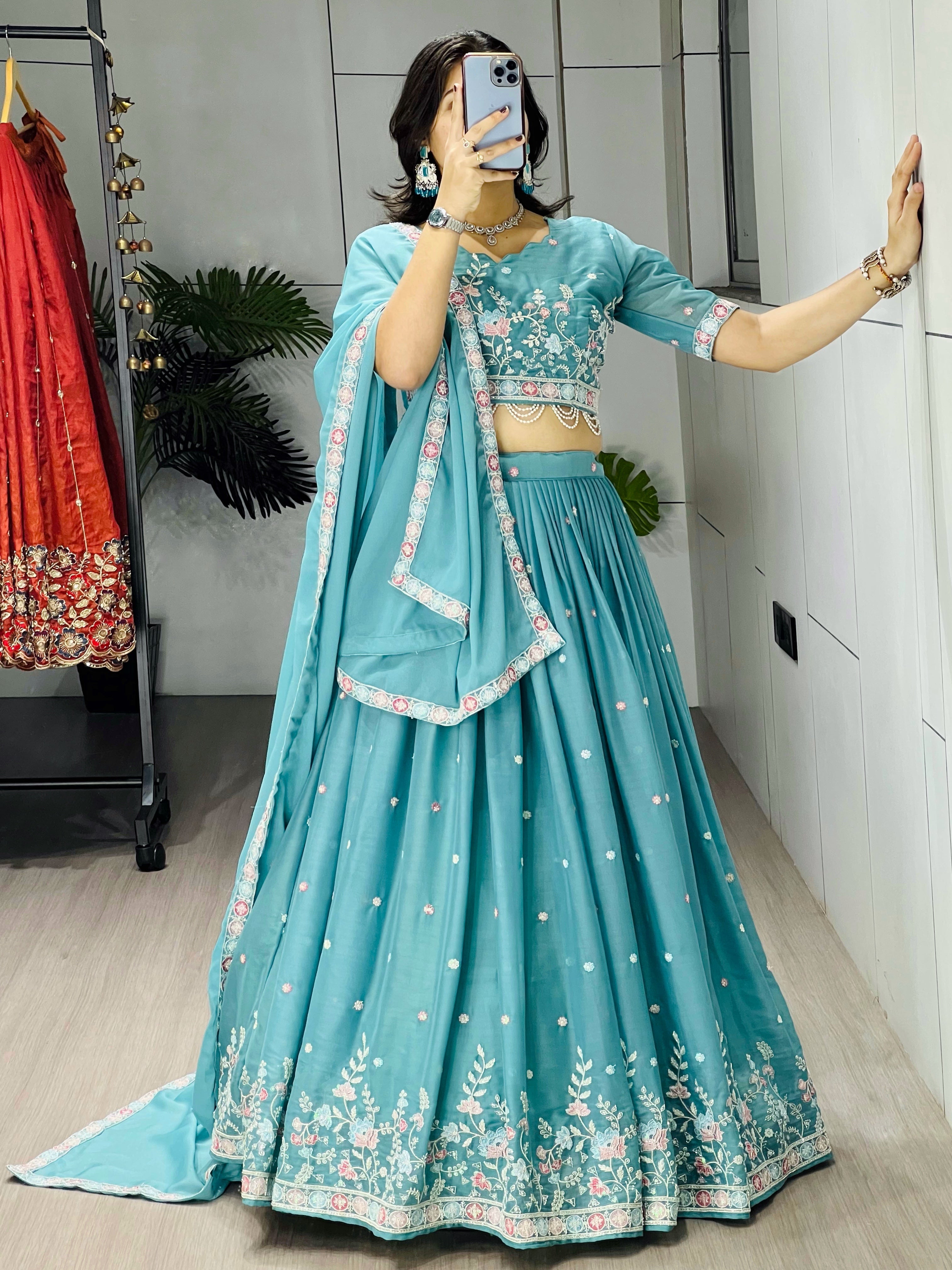 Sky Wedding Embroidery Bead With Traditional Work Lehenga Choli