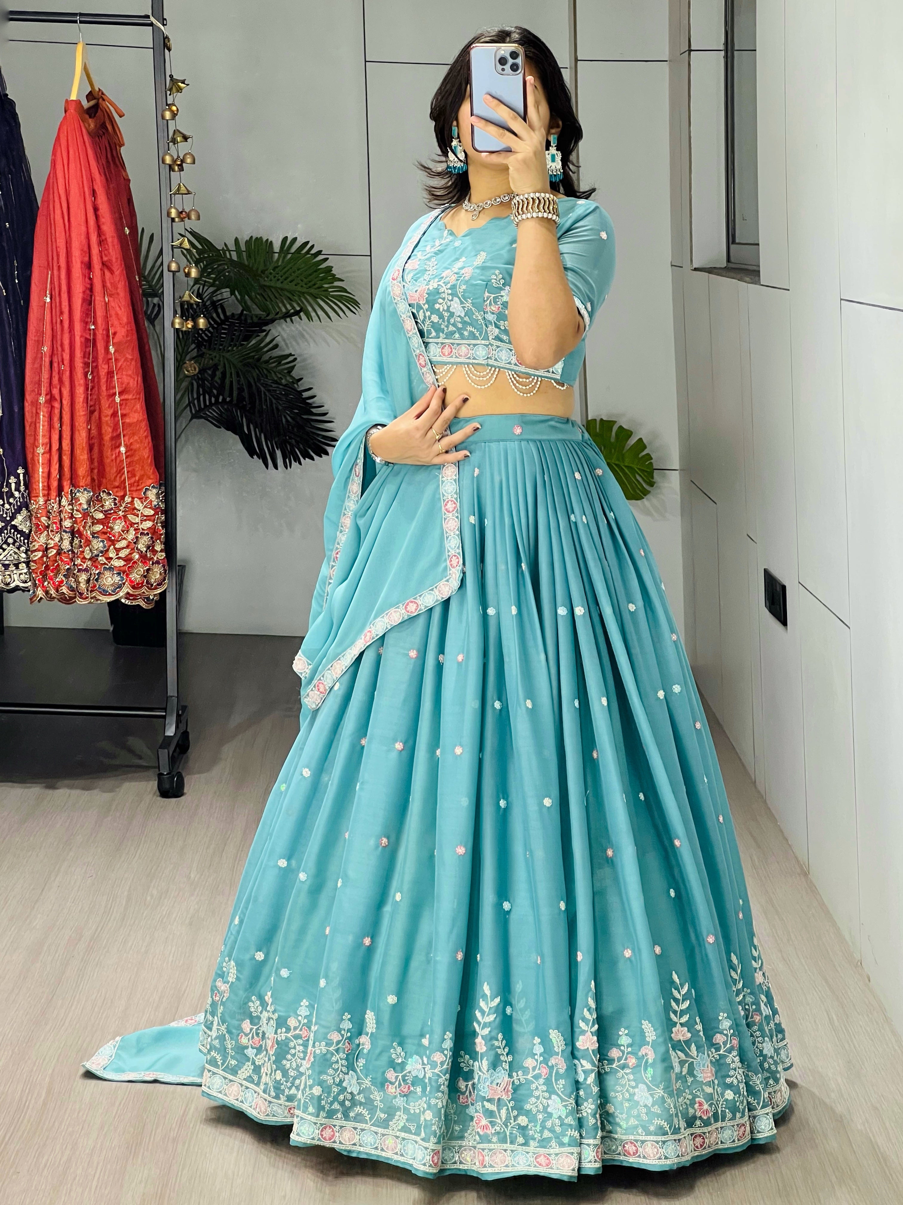 Sky Wedding Embroidery Bead With Traditional Work Lehenga Choli