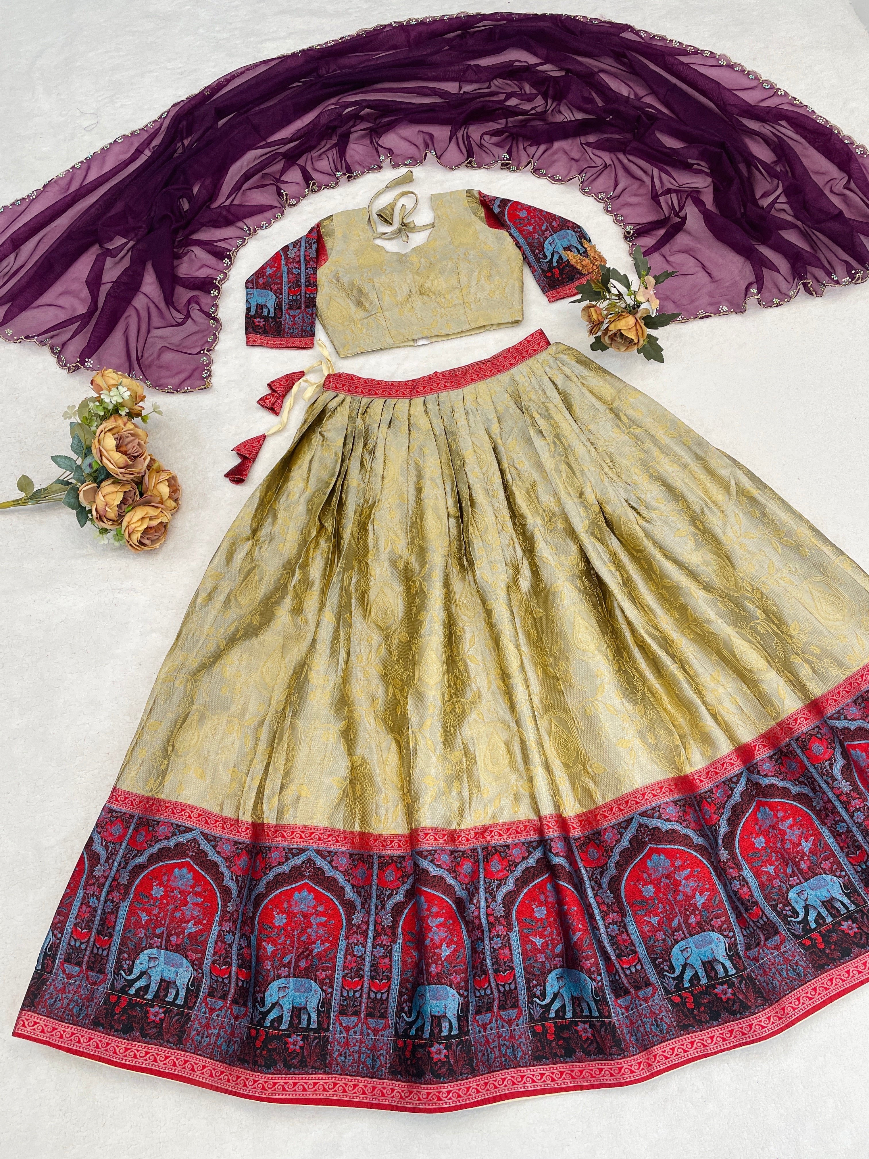 Cream Color Woven Design Lehenga Choli With Dupatta