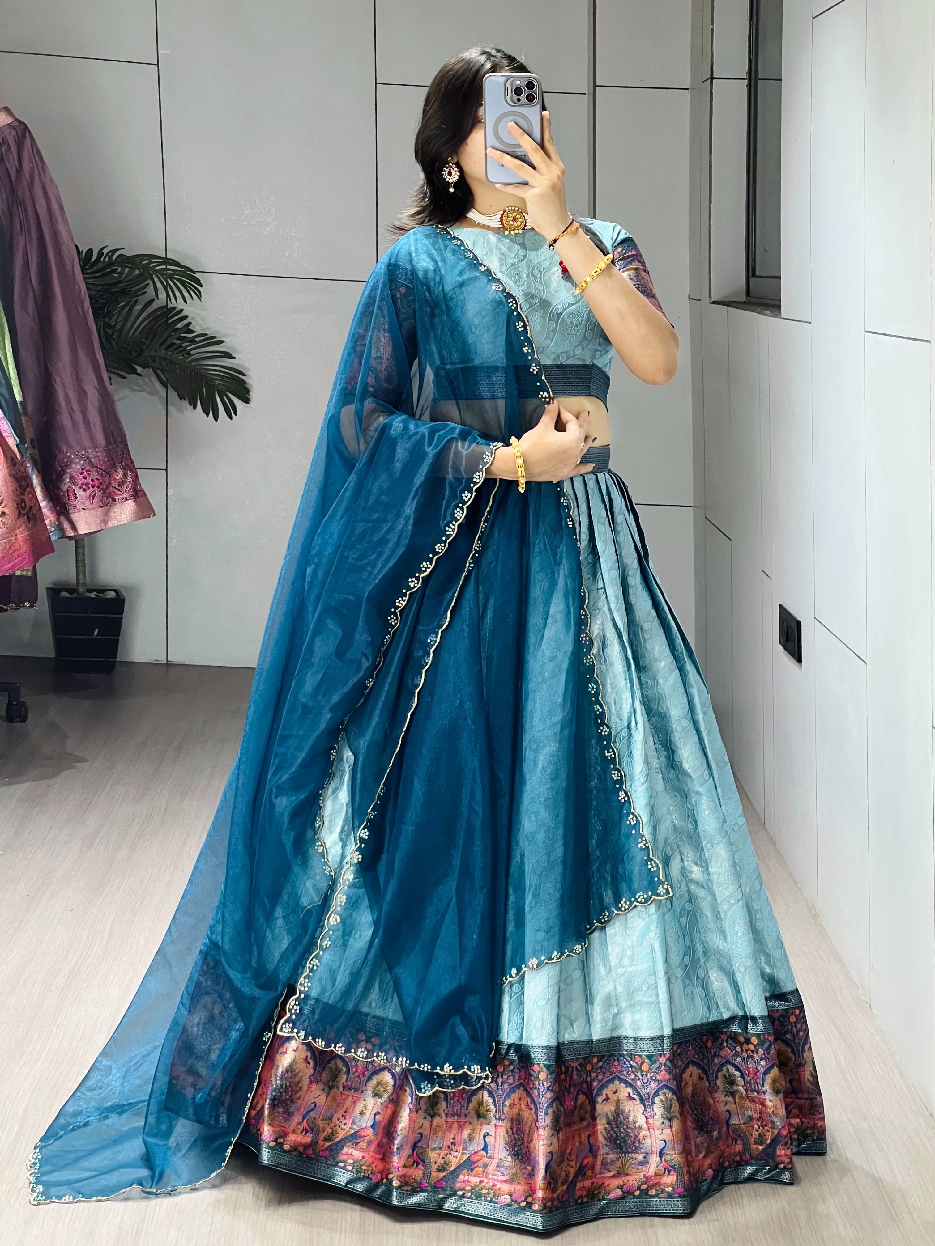 Elegant Peacock Border Sky Silk Lehenga Choli Set